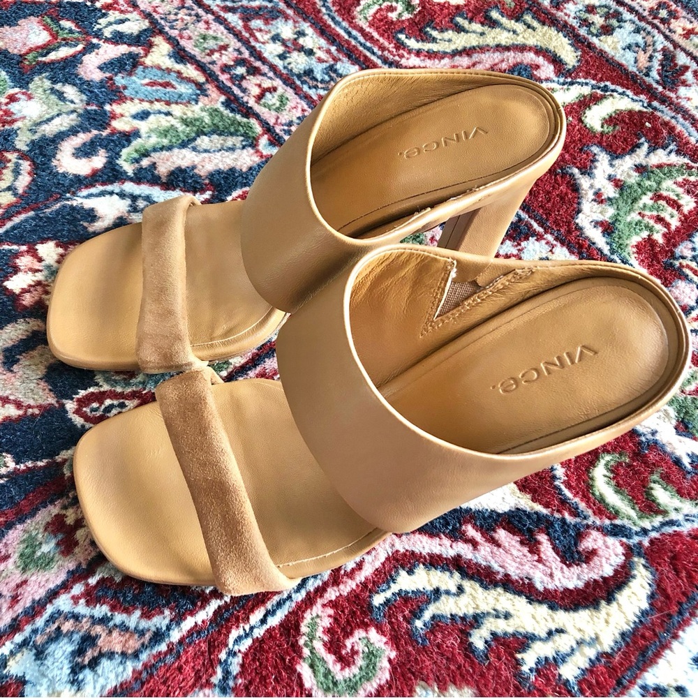Vince Quinn Tan Leather Suede Mule Heeled Sandal - Picture 2 of 8